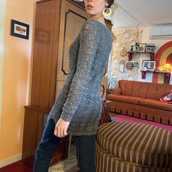 Y2K LAYERING Grey crochet knitted tunic long sleeve sweater - Picture 7 of 13